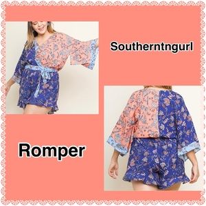 NWT UMGEE Floral V Neck Bell Sleeves Tie Waist Romper / Jumpsuit